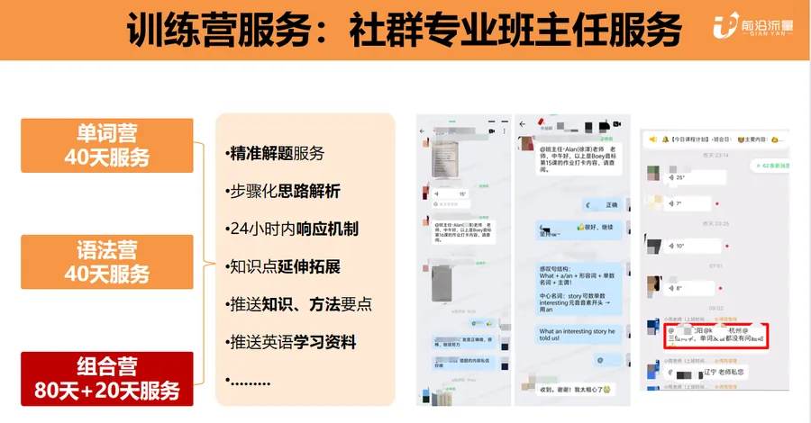 社群专业班主任服务：单词营40天、语法营40天、组合营80天，提供精准解题、步骤化思路解析与24小时内响应