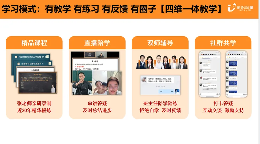 四维一体教学：精品课程、直播陪学、双师辅导与社群共学四位一体
